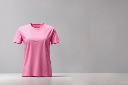 Blank pink t-shirt mockup on gray background with copy spaceの素材