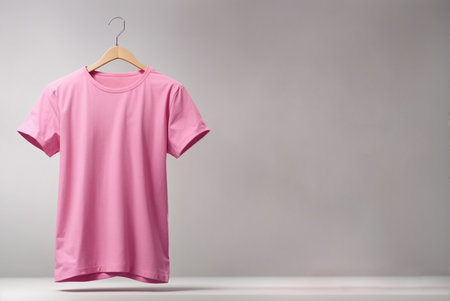 Pink t-shirt on a wooden hanger on a gray backgroundの素材