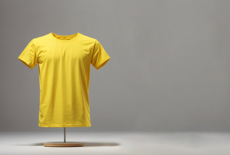 Yellow t-shirt on a gray background. 3d rendering.の素材