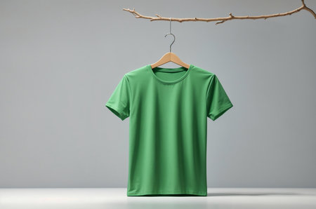 Green t-shirt hanging on a wooden hanger on gray backgroundの素材