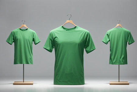 Green t-shirt on a hanger on a gray background.の素材