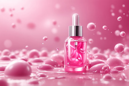 Cosmetic serum dropper bottle on pink background with water drops. 3d illustrationの素材