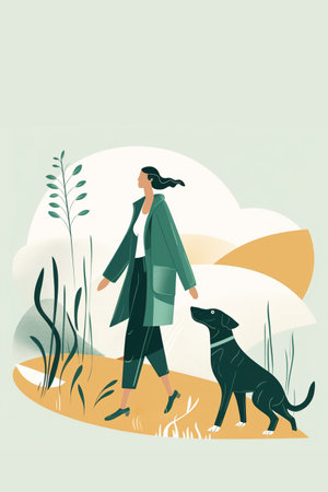 illustration of a woman walking with her dog in the park.の素材