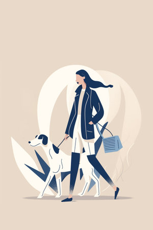 Woman walking with her dog. illustration in a flat style.の素材