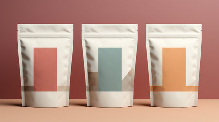 3d rendering of a group of three white packaging for coffee or tea.の素材