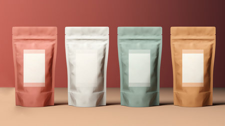 3d rendering of a set of three different types of coffee bagsの素材