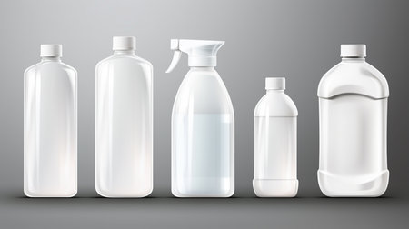 Plastic bottles for liquid soap, shampoo, conditioner, shower gel and other cleaning products on gray backgroundの素材