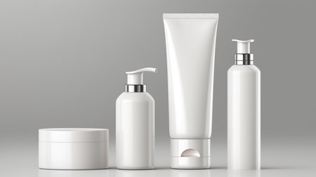Blank white cosmetic bottle mockup on gray background. 3d renderingの素材