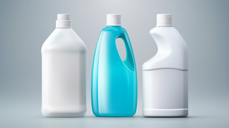 Blank bottles of cleaning products on a gray background. 3d renderingの素材