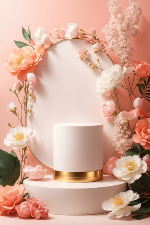 White podium for product presentation with flowers and leaves on pink background.の素材