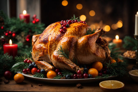 Christmas roast turkey with cranberries and oranges on rustic wooden backgroundの素材