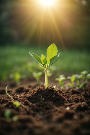Green seedling growing on fertile soil in the morning sun light.の素材