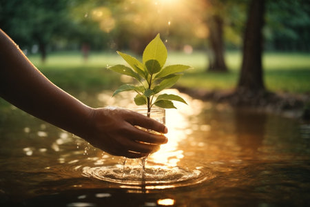 Human hand holding green sprout in water with sunlight. Ecology conceptの素材