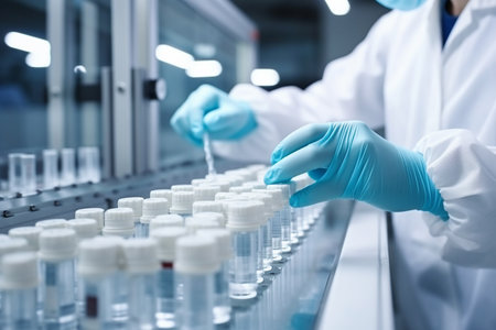 Close-up of a female scientist holding test tubes in a laboratoryの素材