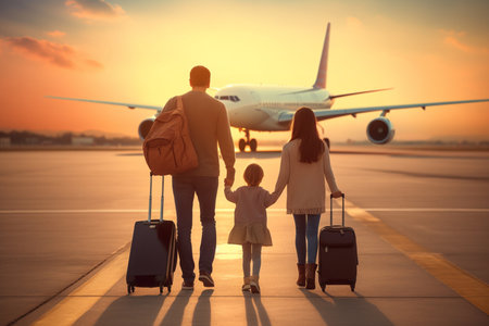 happy family with luggage at airport in front of big airplane at sunsetの素材