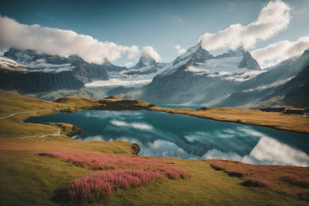 Beautiful mountain landscape with lake and Matterhorn peak, Switzerland.の素材
