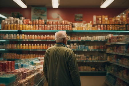 Rear view of senior man standing in supermarket and looking at shelvesの素材
