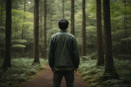 Man walking in the forest with foggy background, rear view.の素材