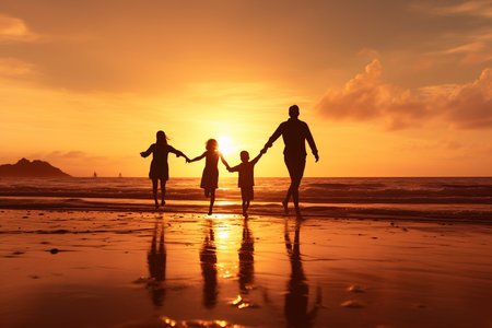 Silhouette of happy family holding hands on the beach at sunsetの素材
