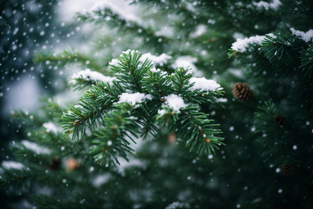 Fir branches covered with snow in the winter forest. Christmas backgroundの素材