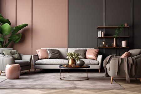 Interior of modern living room with brown and gray walls, carpet, beige sofa and coffee table. 3d renderの素材