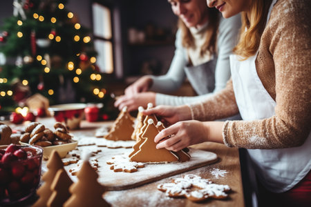 Close up of woman and her daughter decorating gingerbread cookies for Christmasの素材