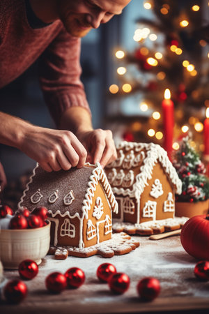Man decorating gingerbread house with red baubles on tableの素材