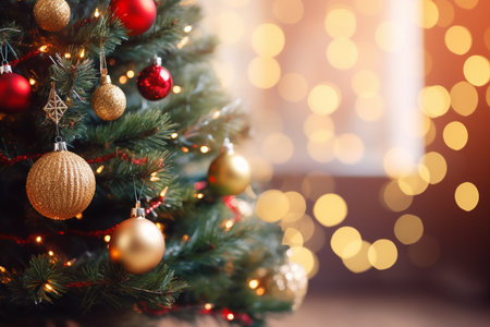Christmas tree with golden decorations and bokeh lights on dark backgroundの素材