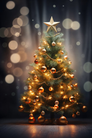 Christmas tree with golden decorations and bokeh lights on dark backgroundの素材