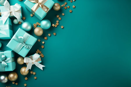 Christmas composition. Gifts, Christmas decorations on green background. Flat lay, top view, copy spaceの素材