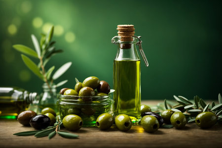 Olive oil with olives on a wooden table on a green backgroundの素材