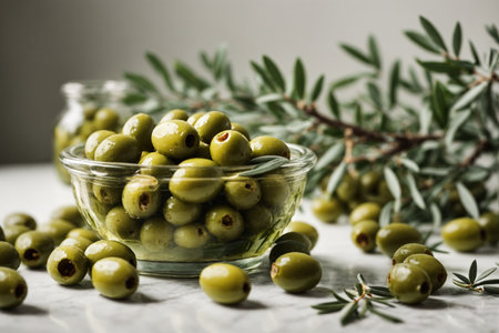 Green olives in a glass bowl with green olives on a gray backgroundの素材