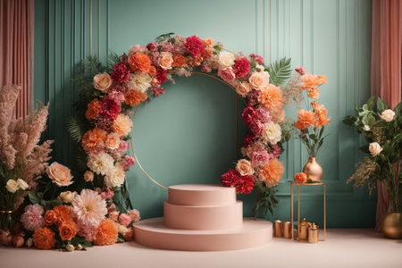 3D realistic products presented on a podium with colorful flowers and pink circular geometry on a green pastel background. Mock ups for branding and packaging presentationの素材