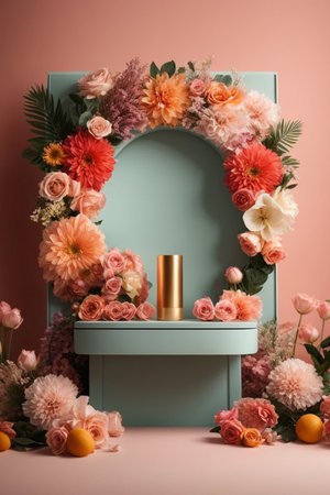 3D realistic products presented on a podium with colorful flowers and pink circular geometry on a green pastel background. Mock ups for branding and packaging presentationの素材