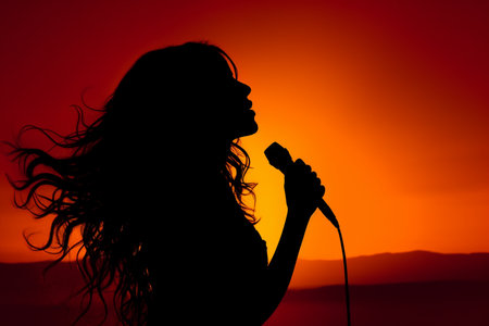 Silhouette of a woman singing with a microphone on a sunset backgroundの素材