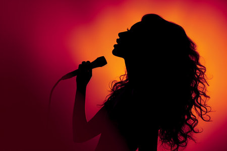 Silhouette of a woman singing with a microphone against a red backgroundの素材