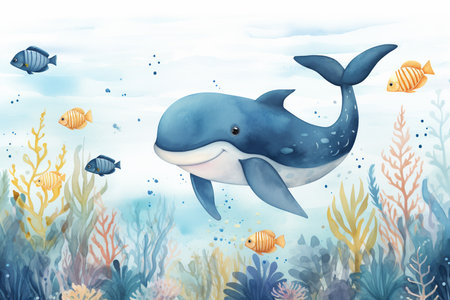 Underwater scene with cute cartoon whale swimming in the ocean illustration for childrenの素材