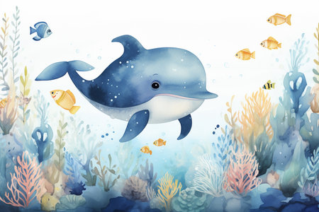 Underwater world with cute whale and fish. Watercolor illustration.の素材