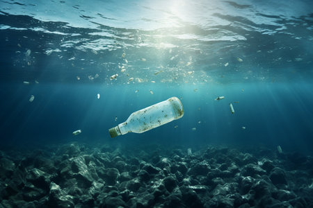 Plastic bottle floating in the ocean. Concept of environmental pollution.の素材