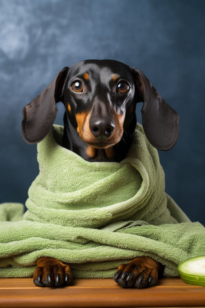 Dachshund dog wrapped in a green towel after a showerの素材