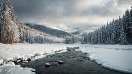 Winter landscape with a mountain river in the Carpathians, Ukraineの素材