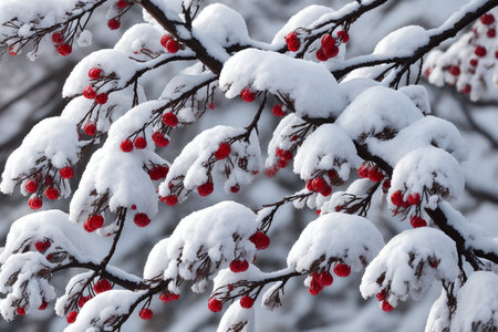 Red berries of viburnum covered with snow in the winter forestの素材