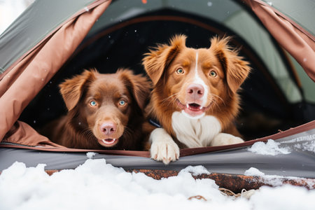 Two Nova Scotia Duck Tolling Retriever dogs in a tentの素材