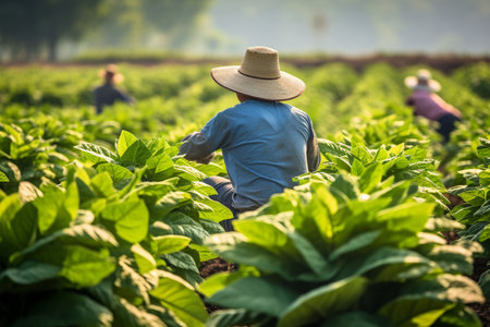 Farmer working on tobacco plantation in the morning.の素材