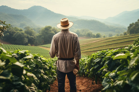 Farmer standing in coffee plantation, rear view of man wearing straw hat and shirt.の素材