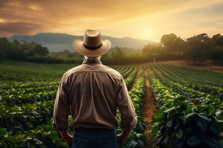 Rear view of a farmer standing in a coffee plantation at sunsetの素材