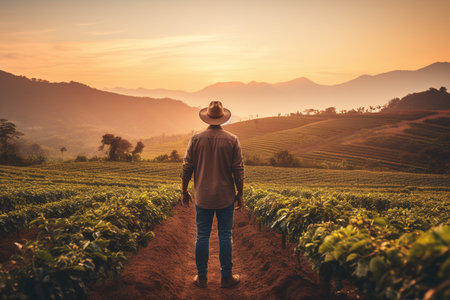 Man with hat standing on the tea plantation and looking at sunrise.の素材