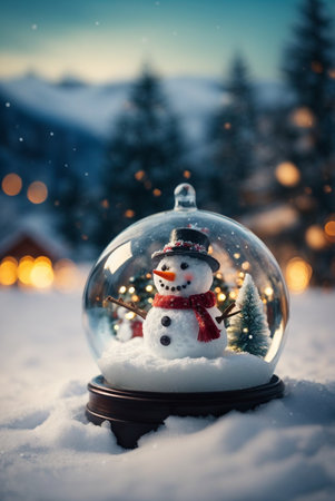 Snowman in a snow globe. Christmas background. Happy New Year.の素材