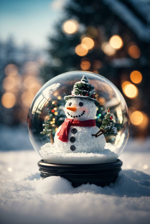 Snowman in snow globe with Christmas lights on background. Winter holidays concept.の素材