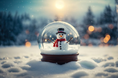 Snow globe with snowman in winter forest at sunset. Christmas background.の素材